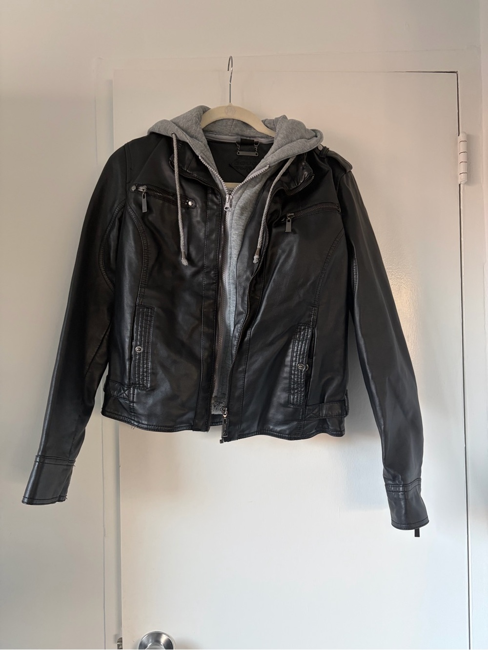 Women's Black Faux Leather Jacket with Attached Grey Hoodie